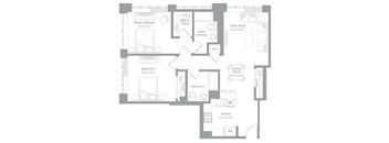 A floor plan of a house with a master bedroom, two bathrooms, a living room, a dining room, a kitchen, and two bedrooms.