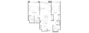 A floor plan of a house with a living room, two bedrooms, a dining room, a kitchen, a master bathroom, and a walk-in closet.