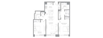 A floor plan of a house with a kitchen, dining room, living room, two bedrooms, a bathroom, a walk-in closet, and a master bedroom.
