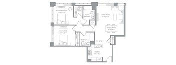 A floor plan of a house with a master bedroom, a living room, a dining room, a kitchen, and two bathrooms.
