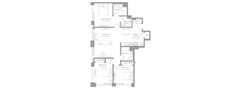 A floor plan of a house with a living room, kitchen, and three bedrooms.