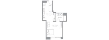 A floor plan of a small apartment with a kitchen, living room, and bathroom.