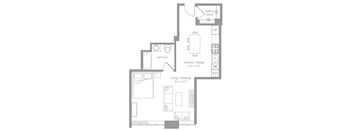 A floor plan of a small apartment with a living room, kitchen, and bathroom.