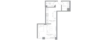 A floor plan of a small apartment with a living room, kitchen, bathroom, and a walk-in closet.