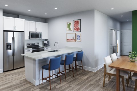 A kitchen with a white island and blue chairs.