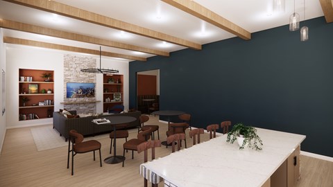 A modern dining room with a long table and chairs.