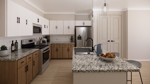 A modern kitchen with a marble countertop and wooden cabinets.