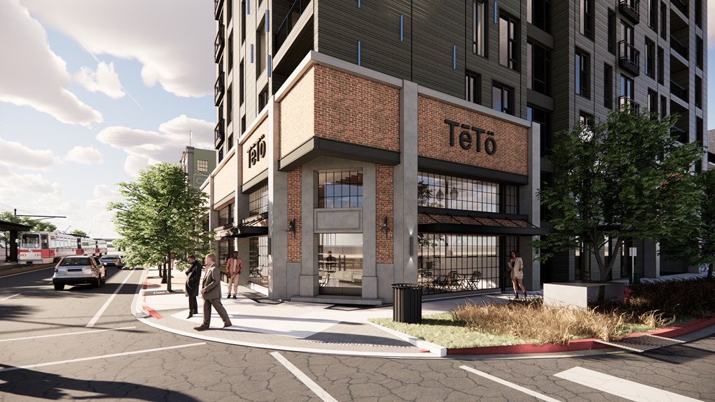 a rendering of a tao restaurant on the corner of a city street