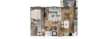 3d view of the living room and bedroom of an apartment
