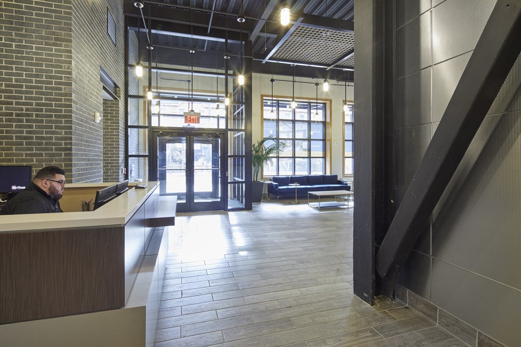 building entrance, lobby, and elevators.