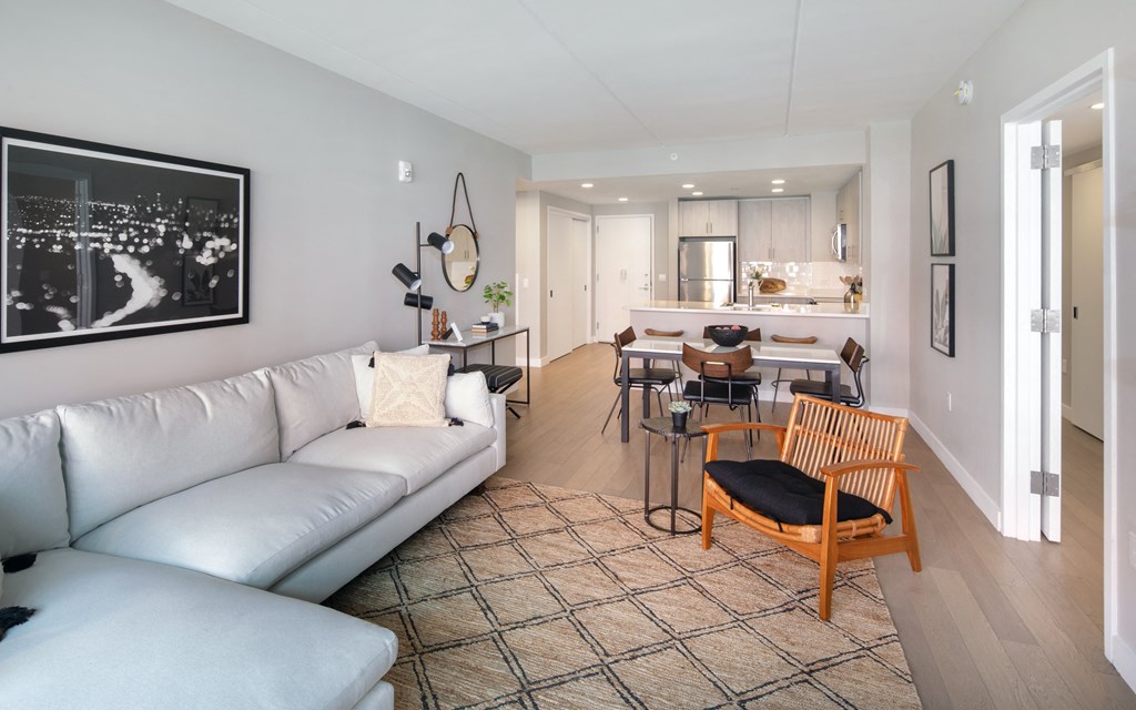 Revetment house modern and spacious kitchen with island and light gray cabinetry. One bedroom apartment with large living room connected to kitchen.