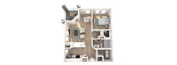 A top down view of a small apartment with a kitchen, living room, and bedroom.