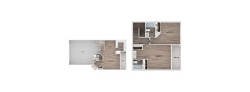 A floor plan of a house with two bedrooms and a balcony.