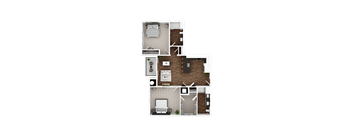 A top-down view of a house layout with a living room, kitchen, and two bedrooms.