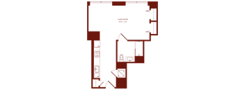 A floor plan of a house with a living room, kitchen, and bathroom.