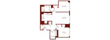 A floor plan of a house with a primary bedroom, living room/dining room, and a combined kitchen and dining room.