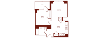 A floor plan of a house with a living/dining area, kitchen, and bathroom.