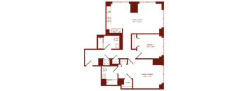 A red floor plan of a house with a living room, two bedrooms, and a clo