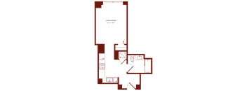 A floor plan of a living and dining area with a kitchen and bathroom.