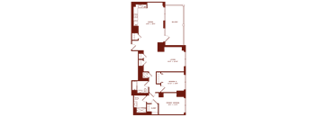 A floor plan of a house with a living room, dining room, kitchen, and two bedrooms.