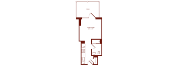 A floor plan of a living space with a living room and a bedroom.