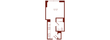 A floor plan of a living/sitting room with a sofa, a TV, and a kitchen area.