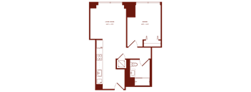 A red floor plan of a house with a living room, dining room, and bedroom.