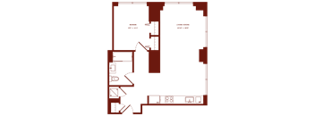 A floor plan of a house with a bedroom and living/dining area.