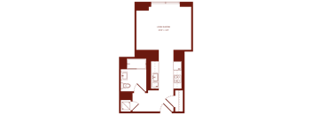 A floor plan of a property with a living room, two bedrooms, a bathroom, and a kitchen.