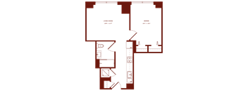 A red floor plan of a house with two bedrooms and a living room.