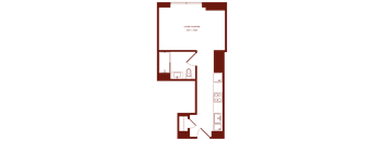 A floor plan of a living and sleeping area with a kitchen and bathroom.