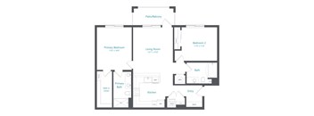 A floor plan of a house with a living room, two bedrooms, a bathroom, a kitchen, and a walk-in closet.
