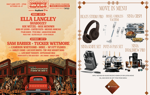 A poster advertises a Redwest event with a list of artists and a menu of products.