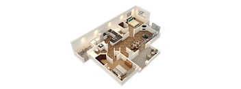 A 3D rendered image of a small apartment layout.