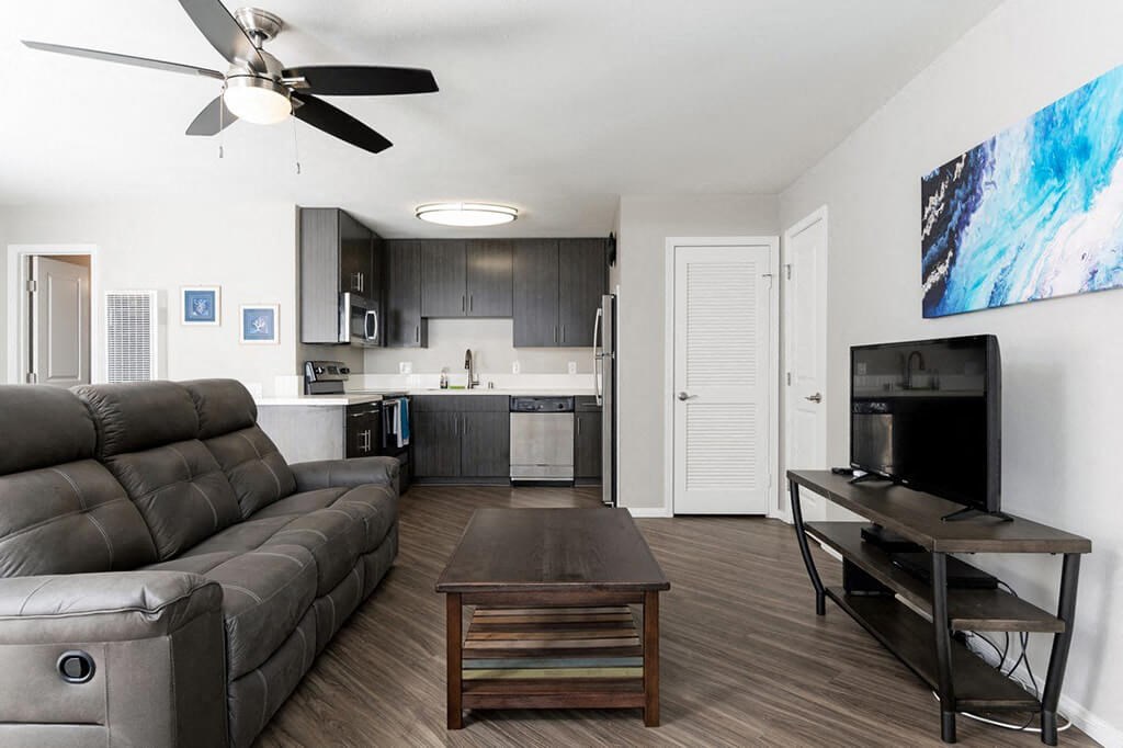Open Kitchen with Living Area at Village Square, La Jolla, CA