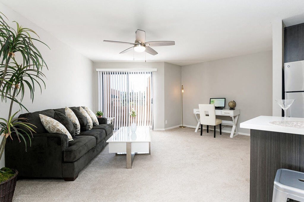 Living Room with Ceiling Fan at Village Square, La Jolla California