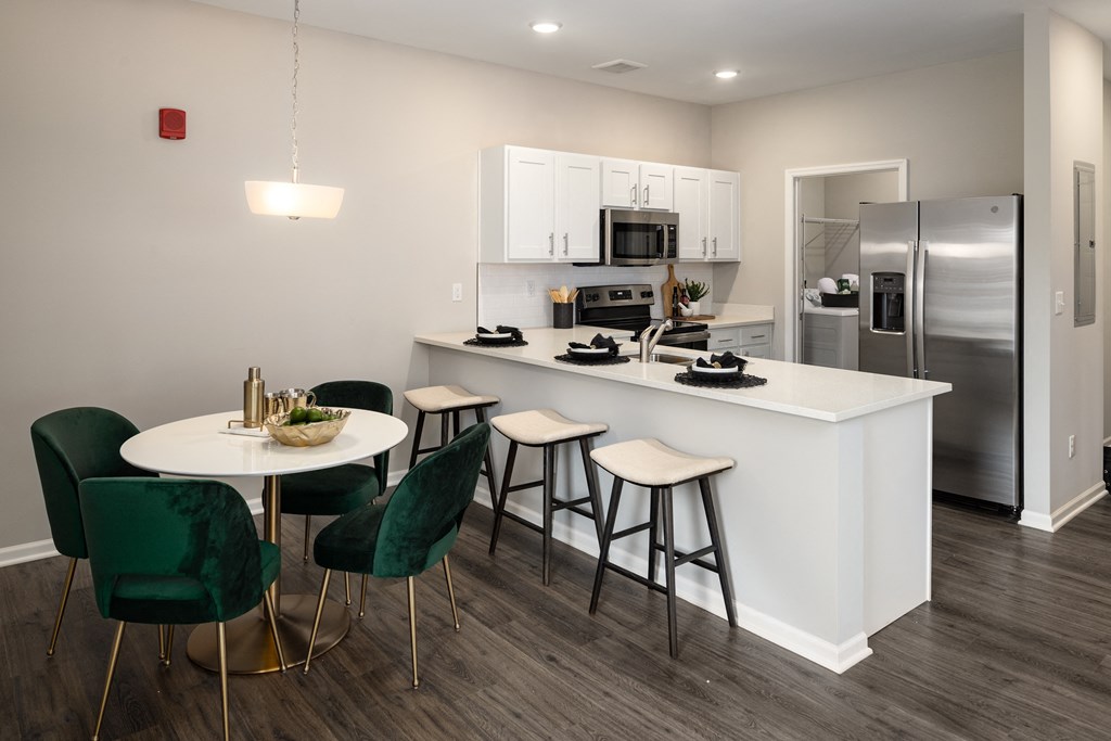 a kitchen and dining area
