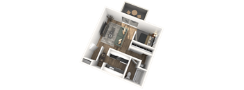 A top-down view of a modern apartment layout.