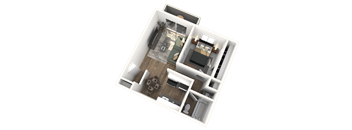 A 3D floor plan of a small apartment with a kitchen, living room, and bathroom.
