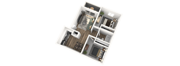 A 3D floor plan of a house with multiple rooms.