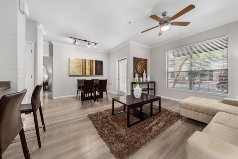 A living room with a brown rug and a brown coffee table.