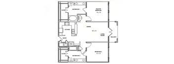 A floor plan of a two bedroom apartment with a living room and a balcony.