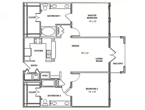 A floor plan of a two bedroom apartment with a living room and a balcony.