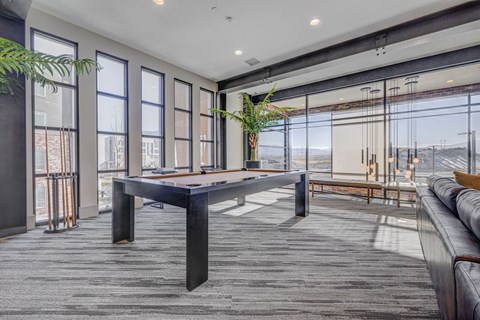 a games room with a pool table