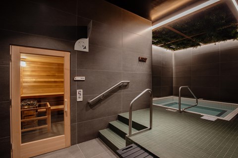 A small indoor swimming pool with a wooden door.