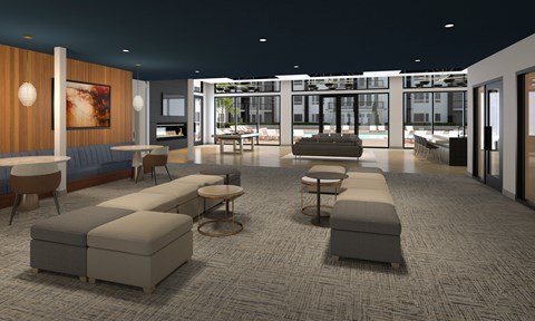 A modern lounge area with grey carpeting and wooden accents.