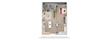 A floor plan of a house with a kitchen, living room, dining room, and bathroom.