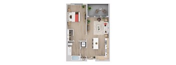 A top-down view of a well-organized apartment with a kitchen, living room, and bathroom.
