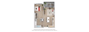 A floor plan of a small apartment with a kitchen, living room, and bathroom.