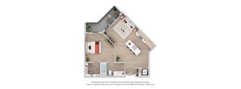A 3D floor plan of a house with a kitchen, living room, and bathroom.